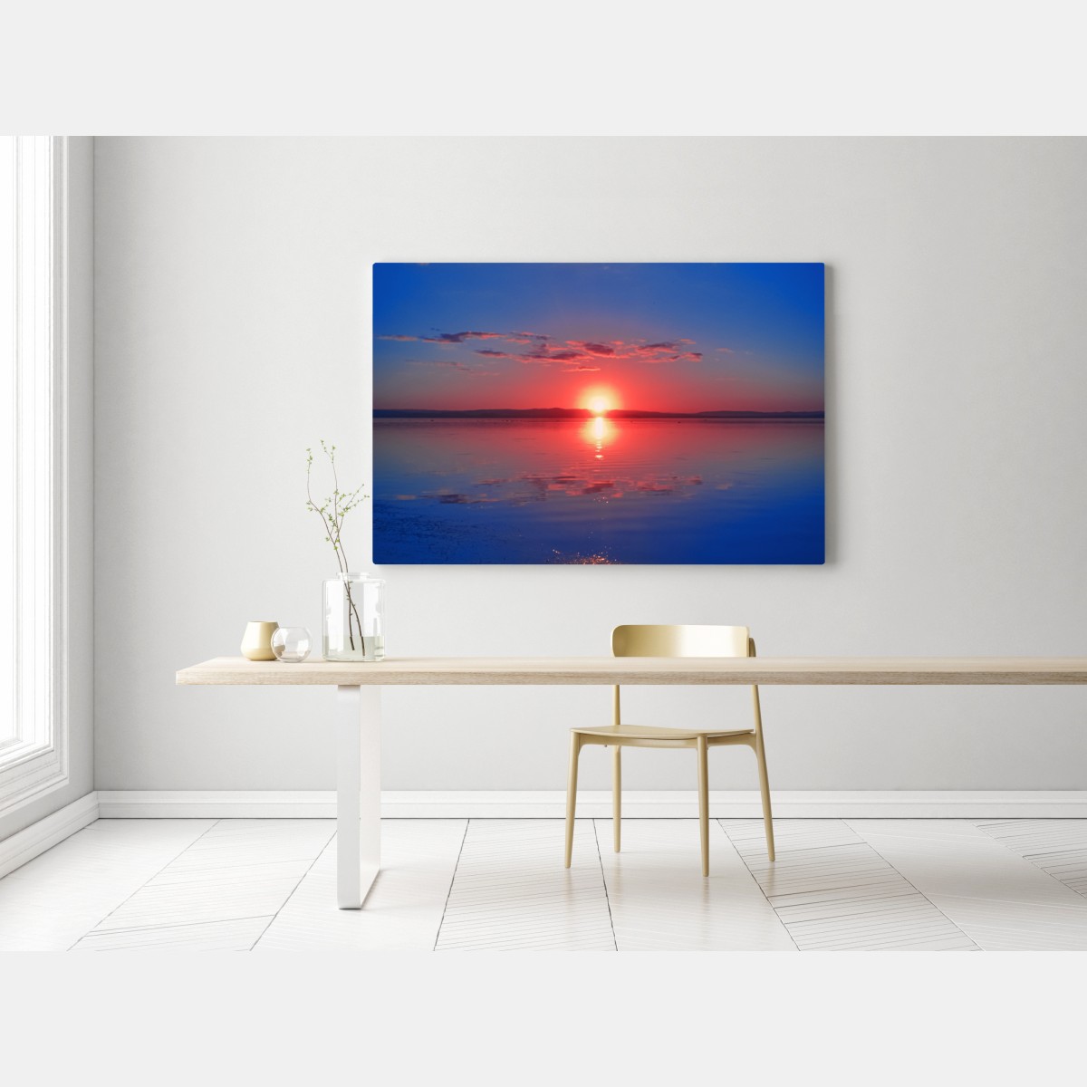 Leinwandbild sonnenuntergang über ruhigem meer mit lebendiger spiegelung – Wallnifity® Leinwandbild sonnenuntergang über ruhigem meer mit lebendiger spiegelung – Wallnifity®