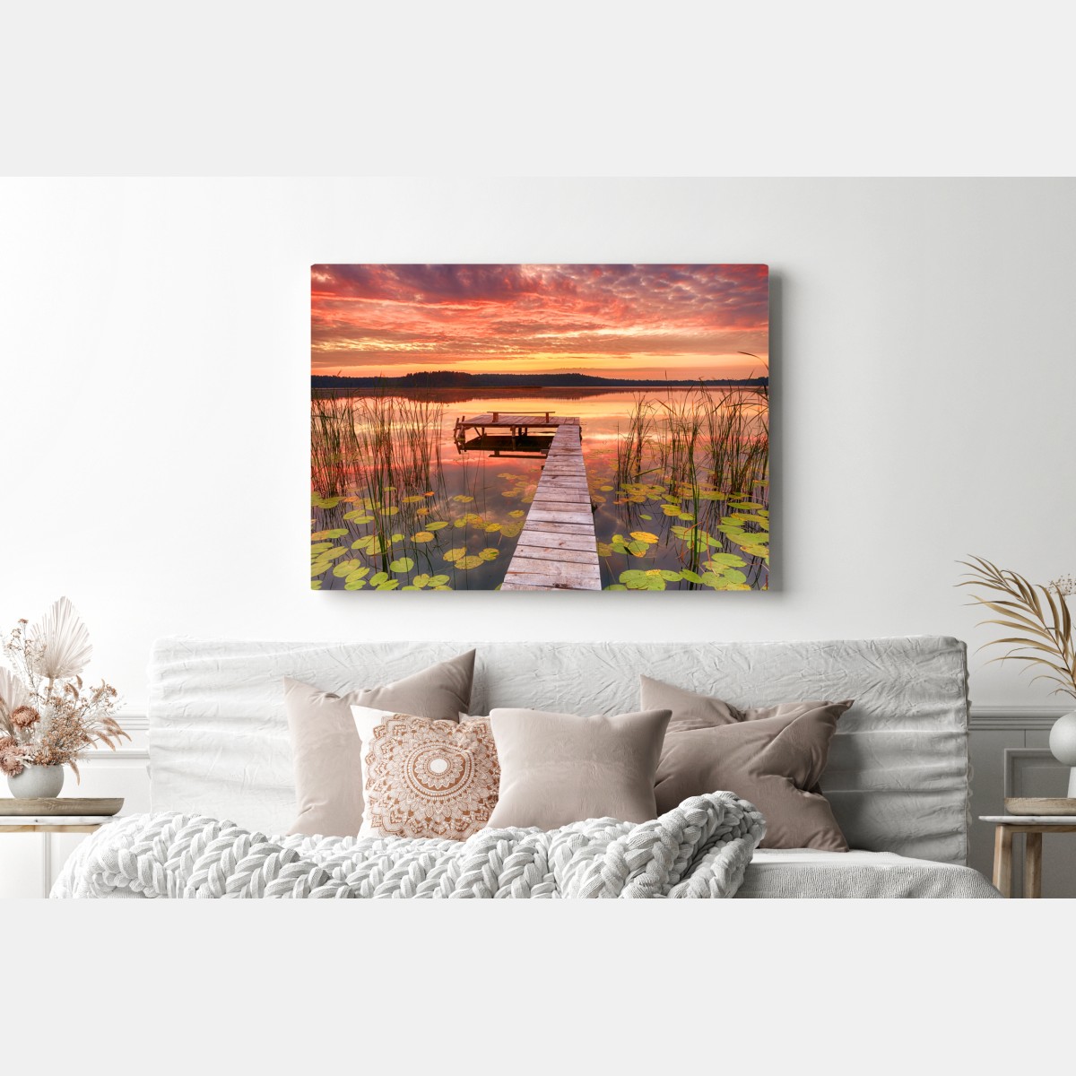 Leinwandbild sonnenaufgang über ruhigem see mit steg – Wallnifity® Leinwandbild sonnenaufgang über ruhigem see mit steg – Wallnifity®