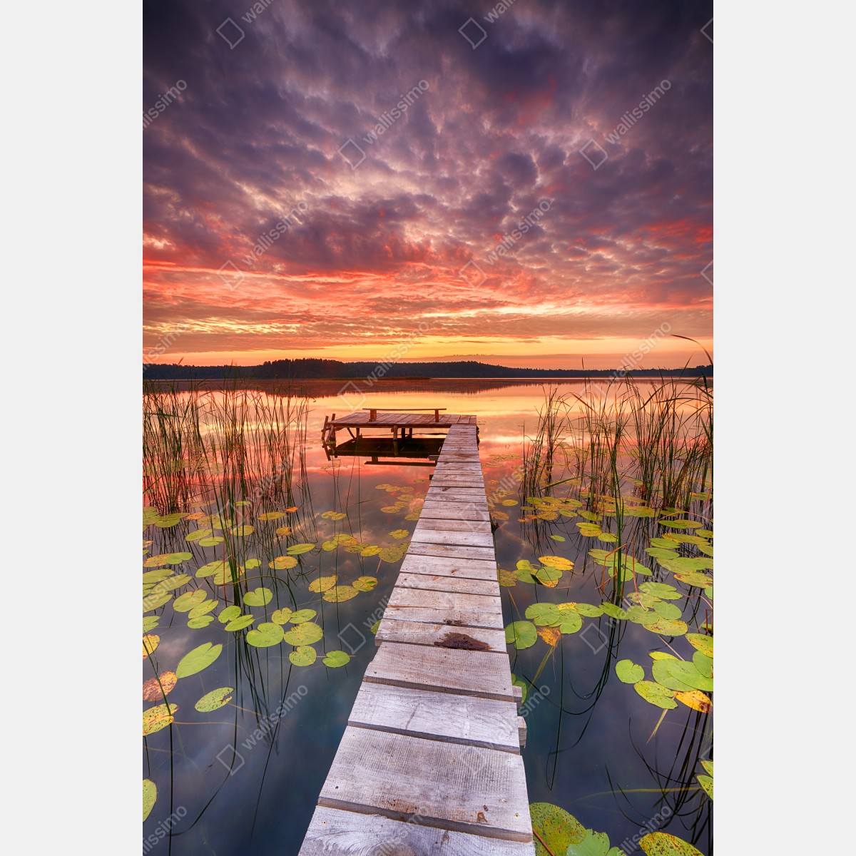 Leinwandbild sonnenaufgang über ruhigem see mit steg – Wallnifity® Leinwandbild sonnenaufgang über ruhigem see mit steg – Wallnifity®