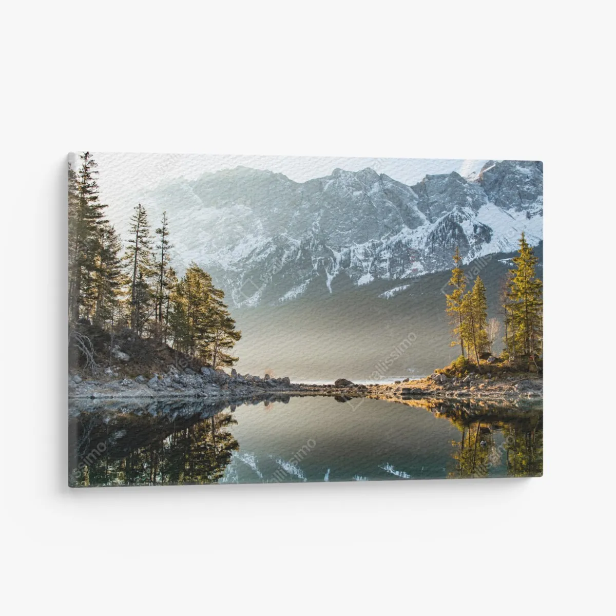 Leinwandbild bergsee spiegelung bei sonnenaufgang – Wallnifity® Leinwandbild bergsee spiegelung bei sonnenaufgang – Wallnifity®