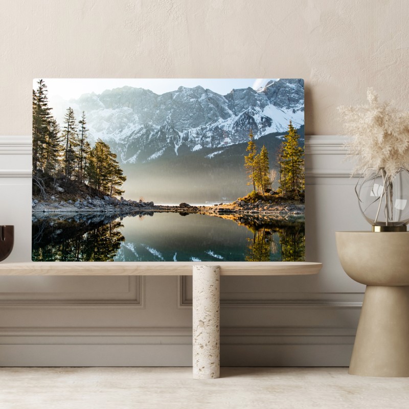 Leinwandbild bergsee spiegelung bei sonnenaufgang – Wallnifity® Leinwandbild bergsee spiegelung bei sonnenaufgang – Wallnifity®