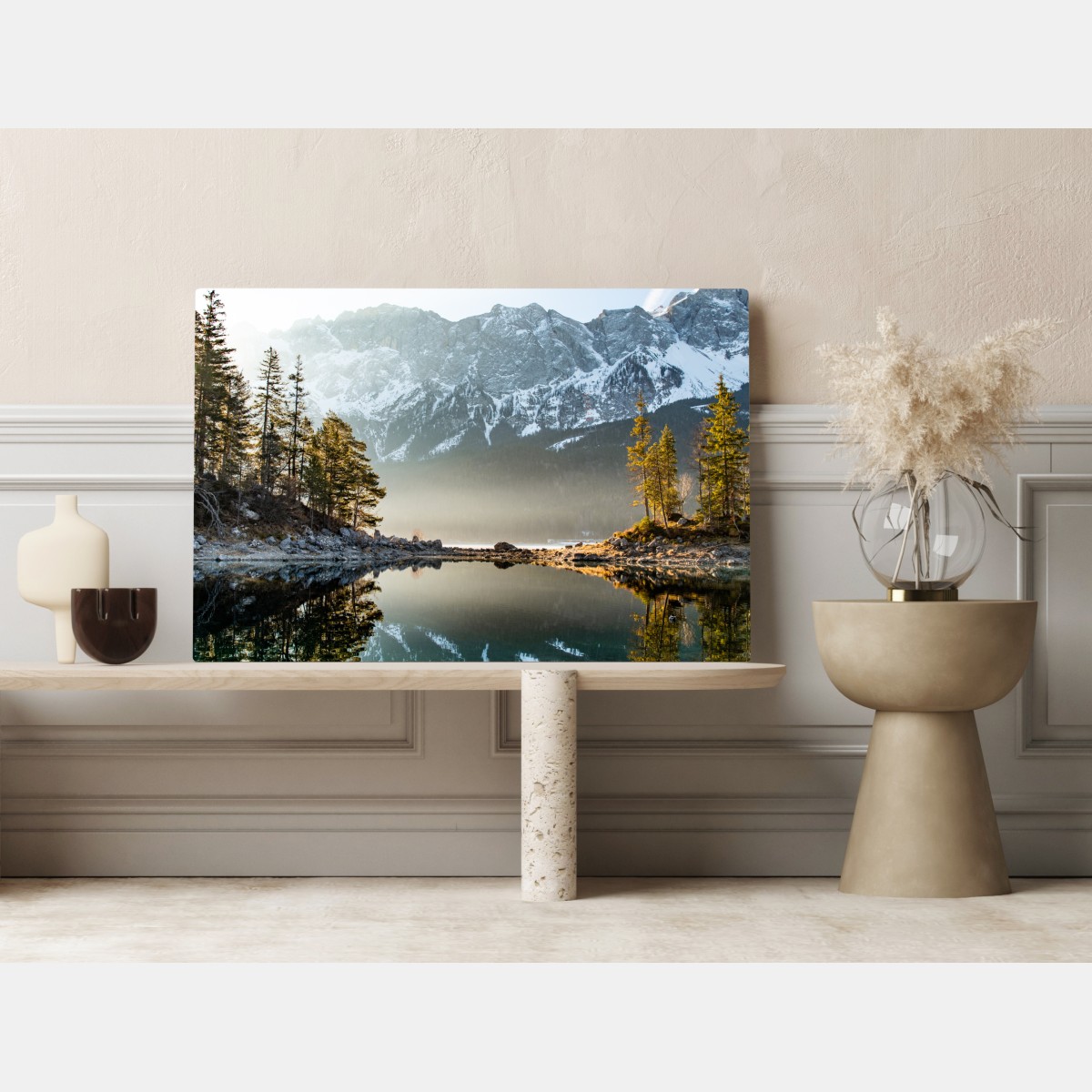 Leinwandbild bergsee spiegelung bei sonnenaufgang – Wallnifity® Leinwandbild bergsee spiegelung bei sonnenaufgang – Wallnifity®