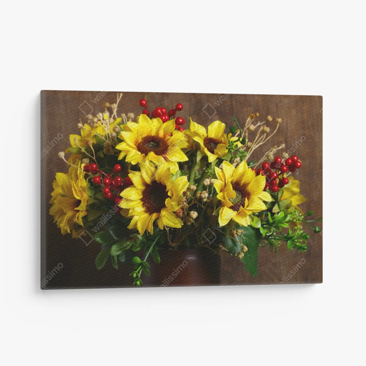 Leinwandbild herbstlicher sonnenblumenstrauß vor holzhintergrund – Wallnifity®