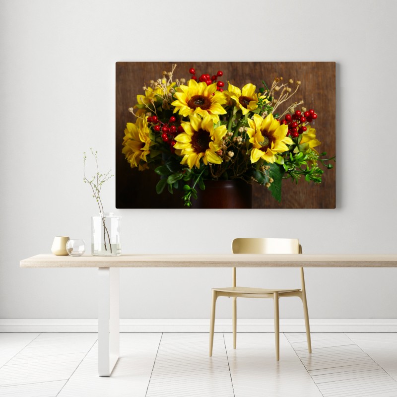 Leinwandbild herbstlicher sonnenblumenstrauß vor holzhintergrund – Wallnifity®