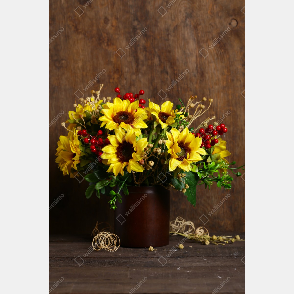 Leinwandbild herbstlicher sonnenblumenstrauß vor holzhintergrund – Wallnifity®