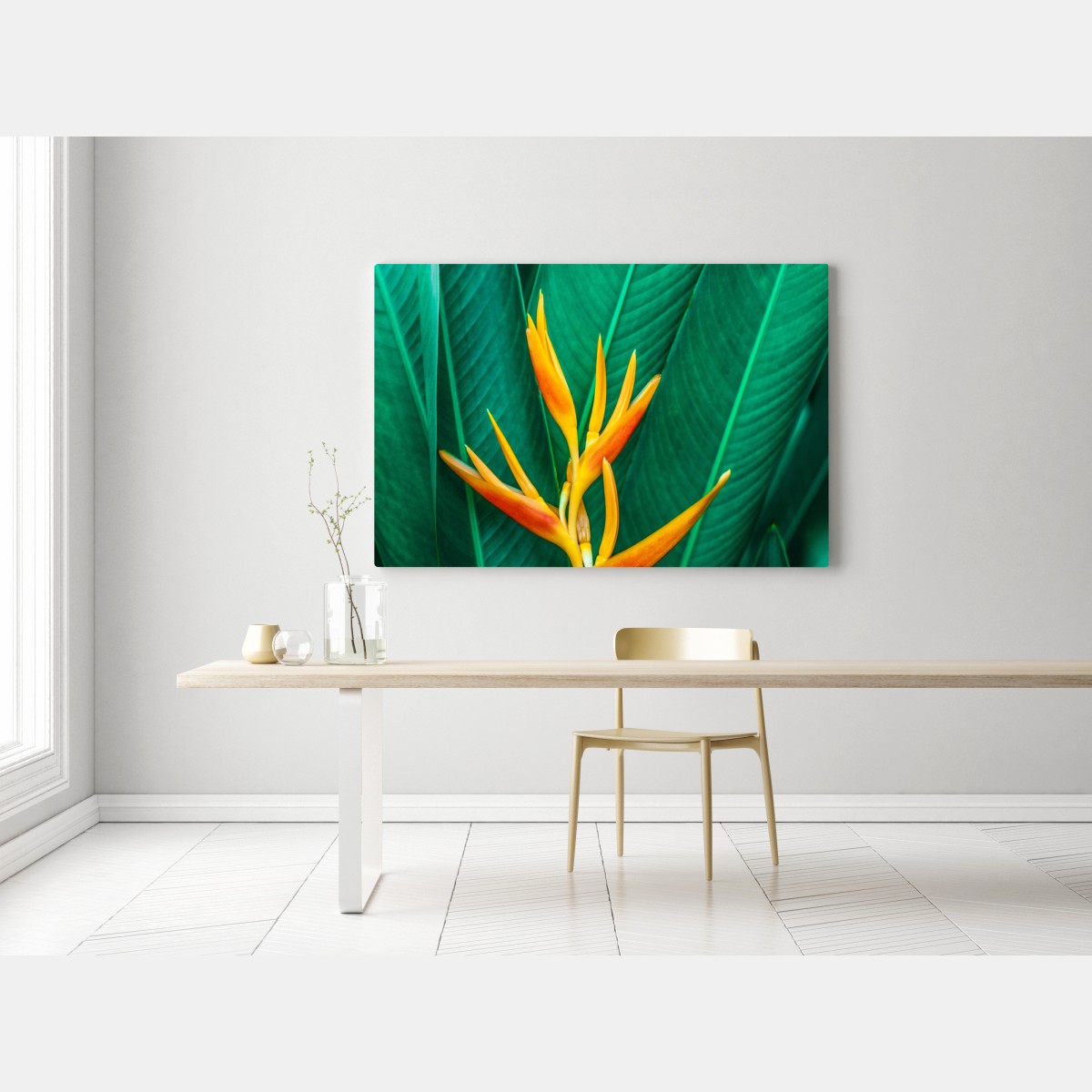Leinwandbild leuchtende tropische paradiesvogelblume auf grünen blättern – Wallnifity® Leinwandbild leuchtende tropische paradiesvogelblume auf grünen blättern – Wallnifity®