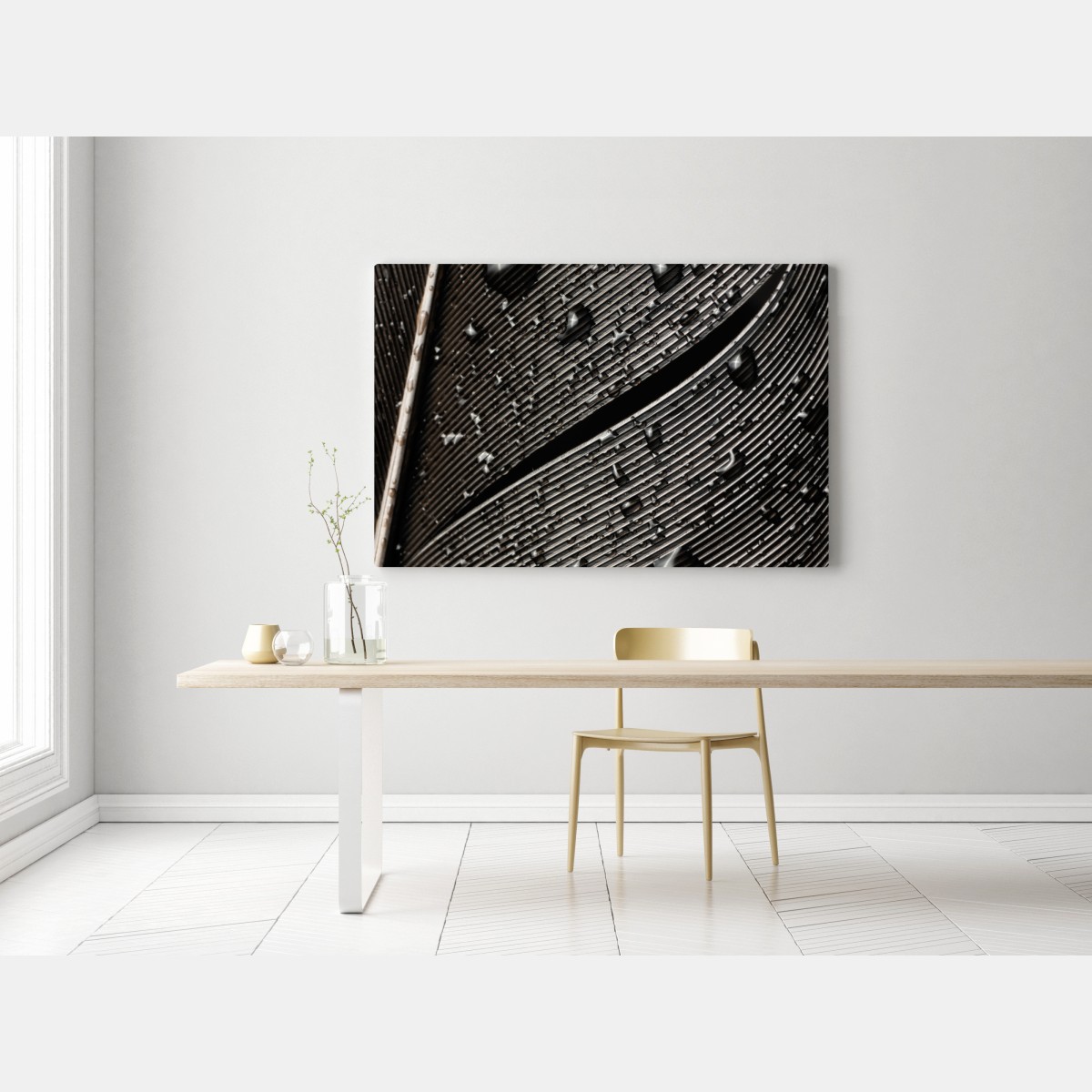 Leinwandbild monochrome feder mit wassertropfen – Wallnifity® Leinwandbild monochrome feder mit wassertropfen – Wallnifity®