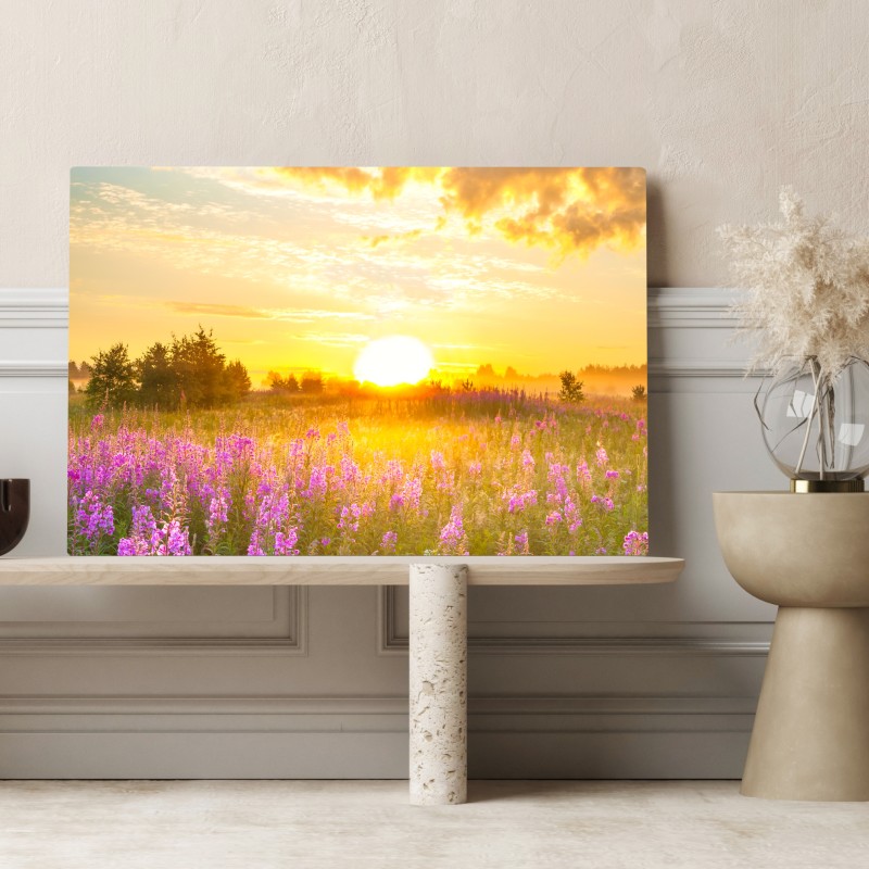 Leinwandbild sonnenaufgang über violetter wildblumenwiese – Wallnifity® Leinwandbild sonnenaufgang über violetter wildblumenwiese – Wallnifity®