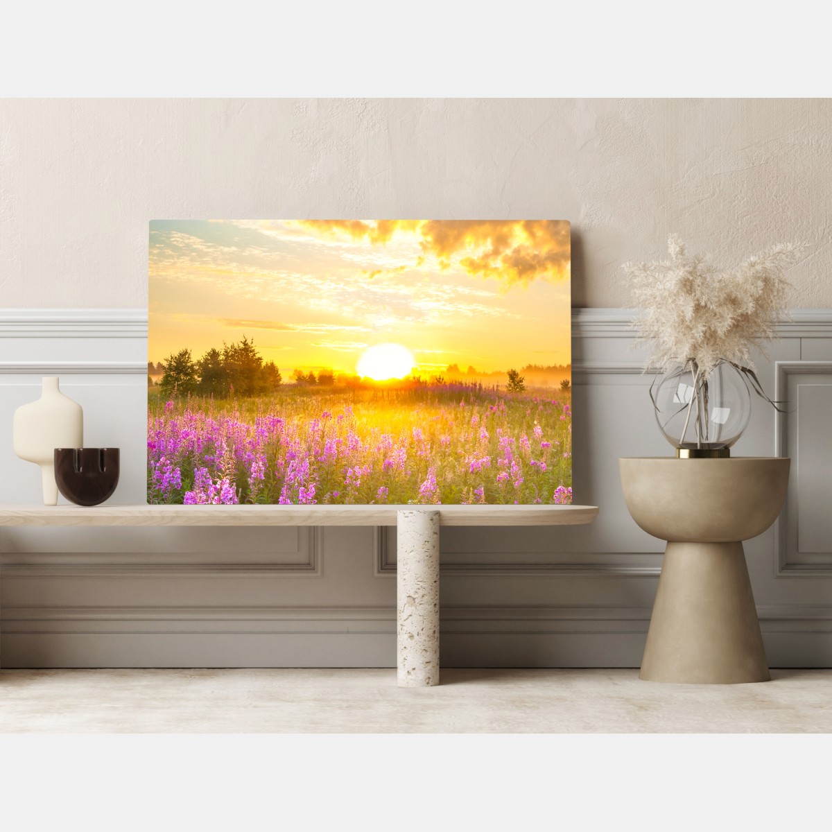 Leinwandbild sonnenaufgang über violetter wildblumenwiese – Wallnifity® Leinwandbild sonnenaufgang über violetter wildblumenwiese – Wallnifity®