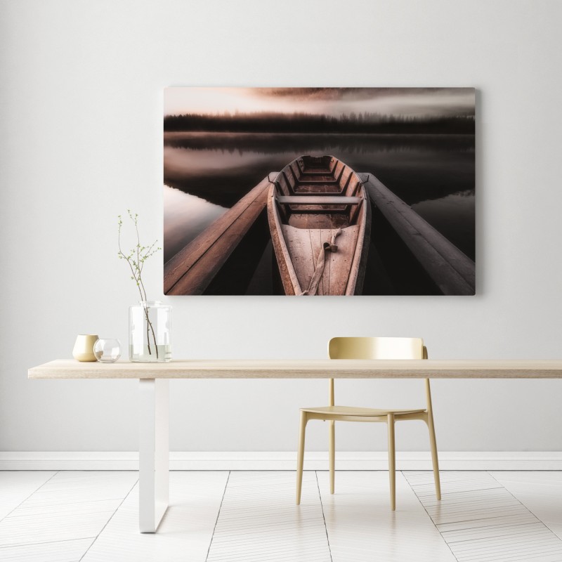 Leinwandbild nebliges boot am bergsee – Wallnifity® Leinwandbild nebliges boot am bergsee – Wallnifity®