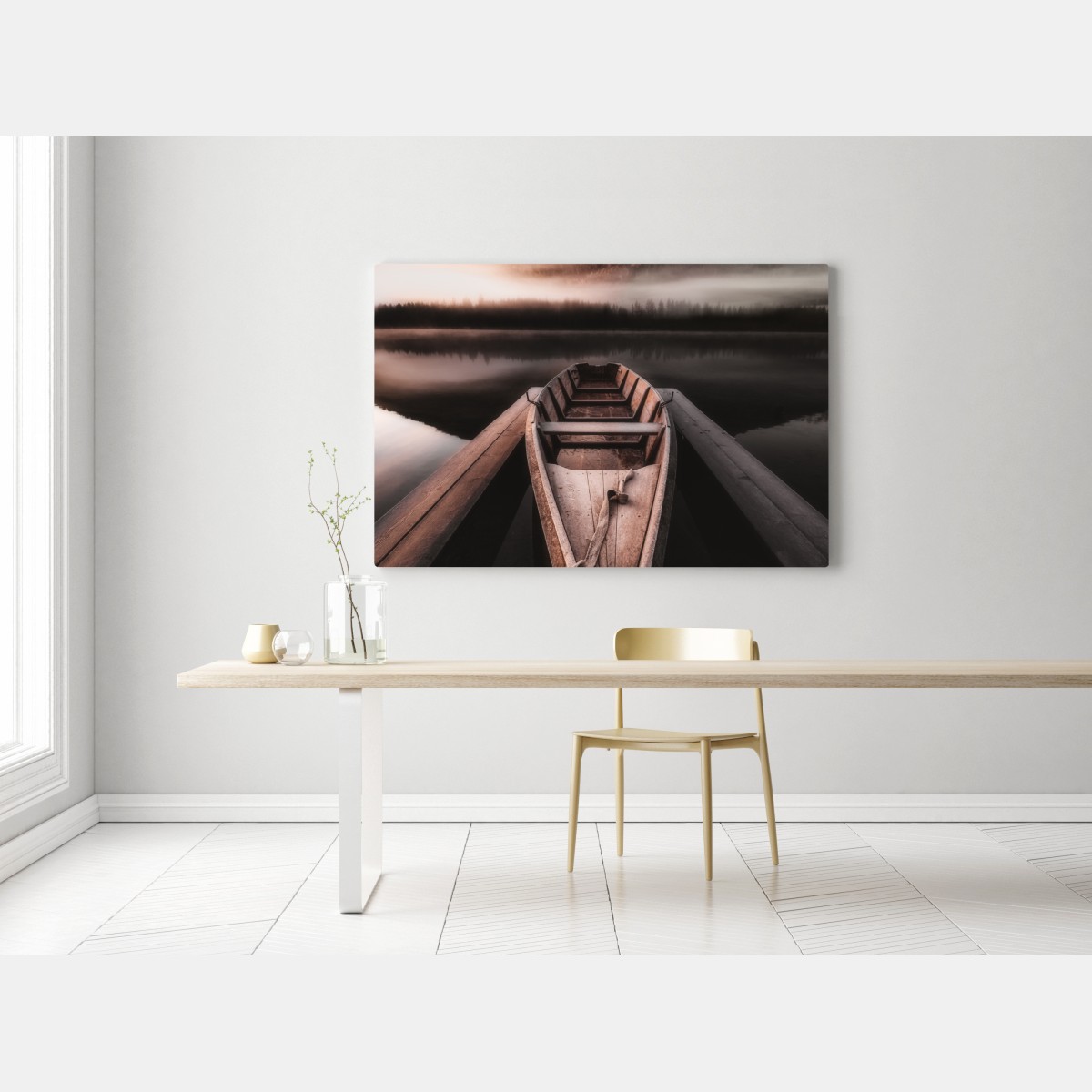 Leinwandbild nebliges boot am bergsee – Wallnifity® Leinwandbild nebliges boot am bergsee – Wallnifity®