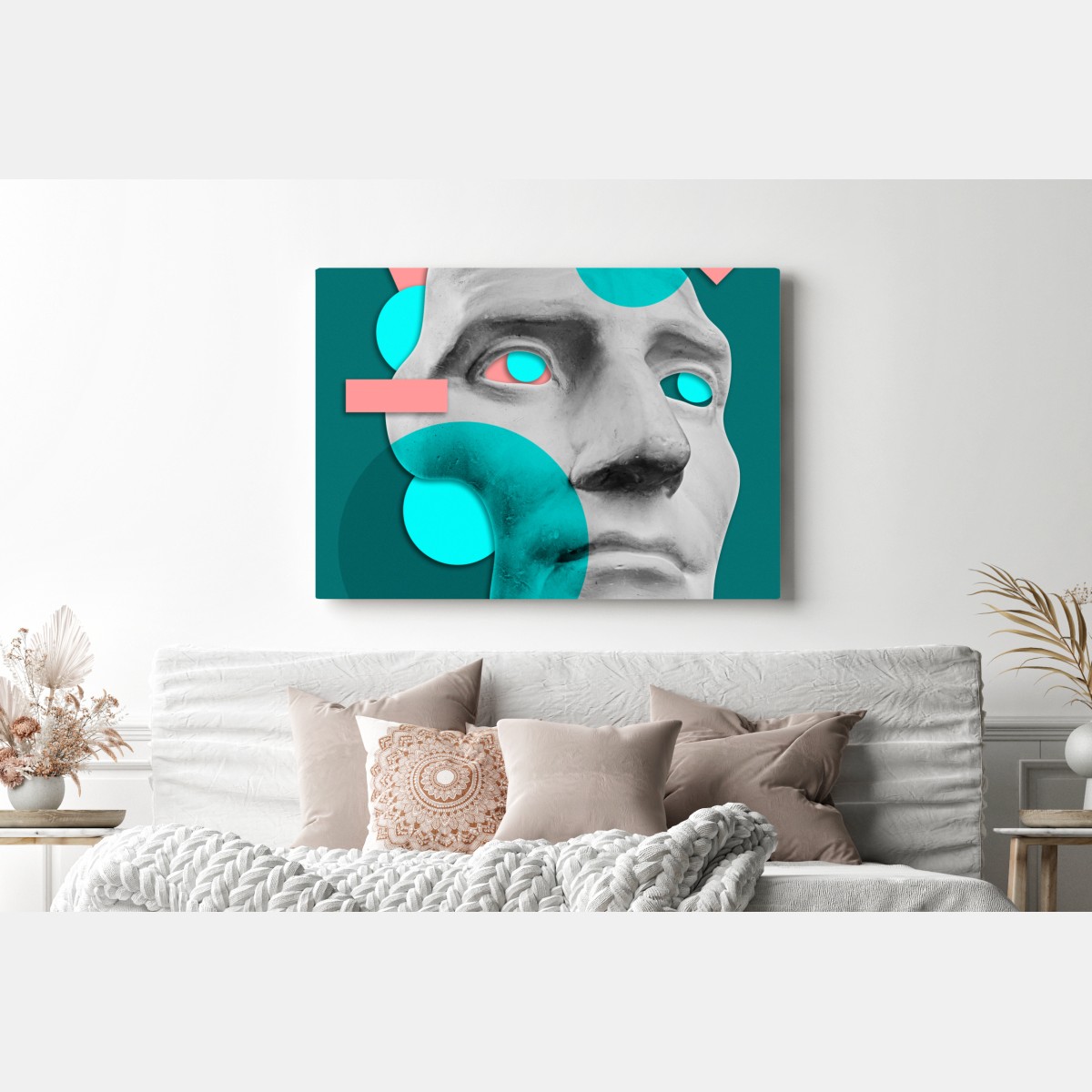 Leinwandbild abstrakte klassische maske in türkis und rosa – Wallnifity® Leinwandbild abstrakte klassische maske in türkis und rosa – Wallnifity®