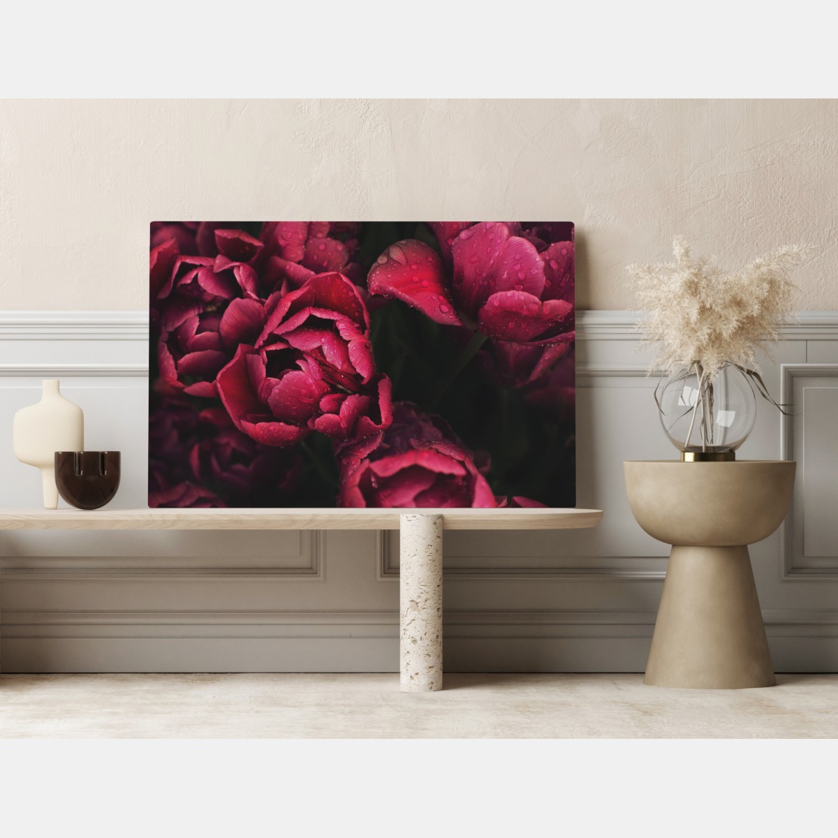 Leinwandbild tiefrote blüten mit wassertropfen – Wallnifity® Leinwandbild tiefrote blüten mit wassertropfen – Wallnifity®