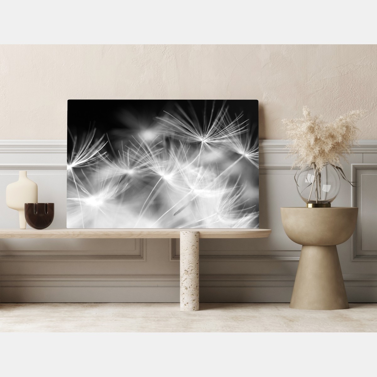 Leinwandbild zarte löwenzahnsamen in monochrom – Wallnifity® Leinwandbild zarte löwenzahnsamen in monochrom – Wallnifity®