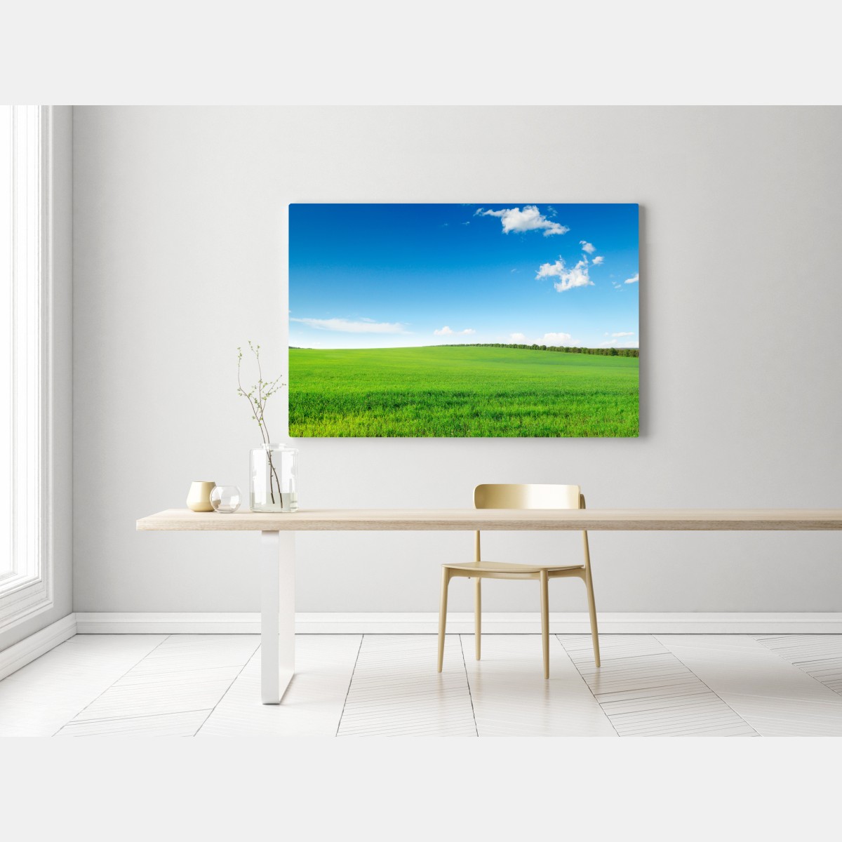 Leinwandbild ruhige grüne wiese unter blauem himmel – Wallnifity® Leinwandbild ruhige grüne wiese unter blauem himmel – Wallnifity®