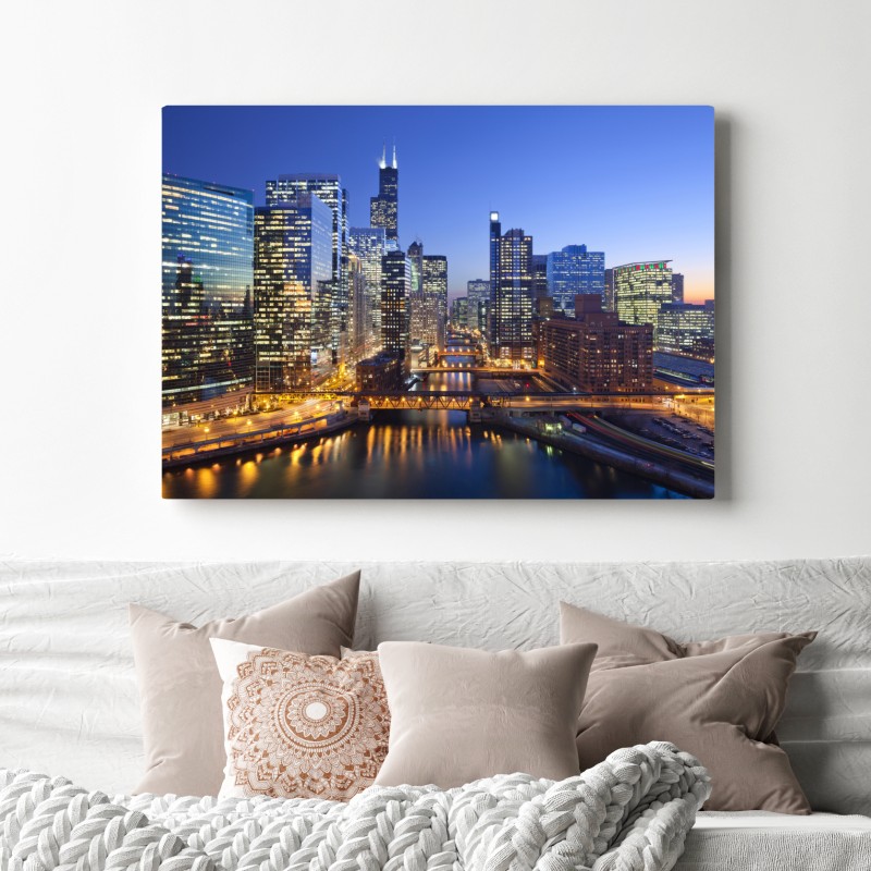 Leinwandbild Chicago skyline bei dämmerung – Wallnifity® Leinwandbild Chicago skyline bei dämmerung – Wallnifity®