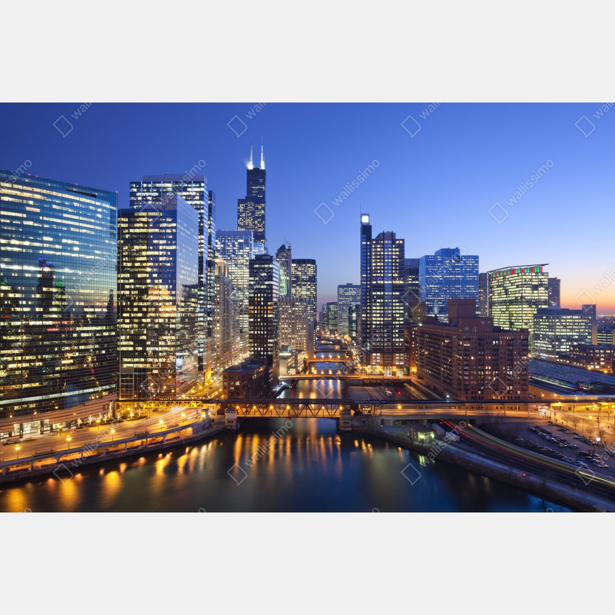 Leinwandbild Chicago skyline bei dämmerung – Wallnifity® Leinwandbild Chicago skyline bei dämmerung – Wallnifity®