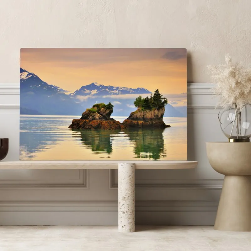 Leinwandbild ruhige inselspiegelungen bei sonnenuntergang – Wallnifity® Leinwandbild ruhige inselspiegelungen bei sonnenuntergang – Wallnifity®