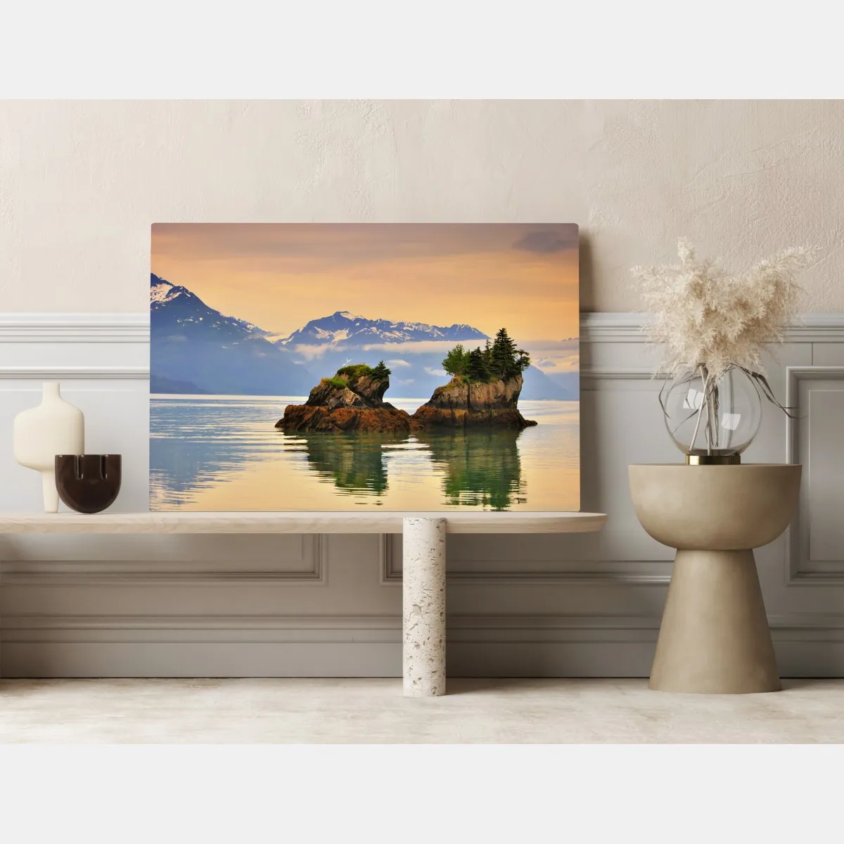 Leinwandbild ruhige inselspiegelungen bei sonnenuntergang – Wallnifity® Leinwandbild ruhige inselspiegelungen bei sonnenuntergang – Wallnifity®