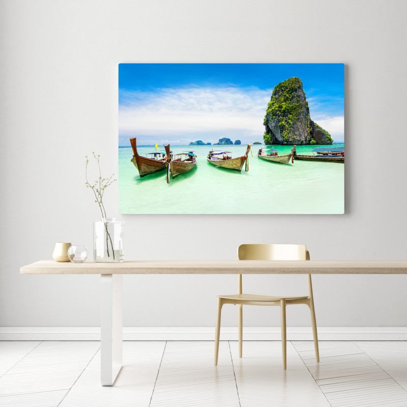 Leinwandbild tropische longtail-boote am türkisfarbenen strand – Wallnifity® Leinwandbild tropische longtail-boote am türkisfarbenen strand – Wallnifity®