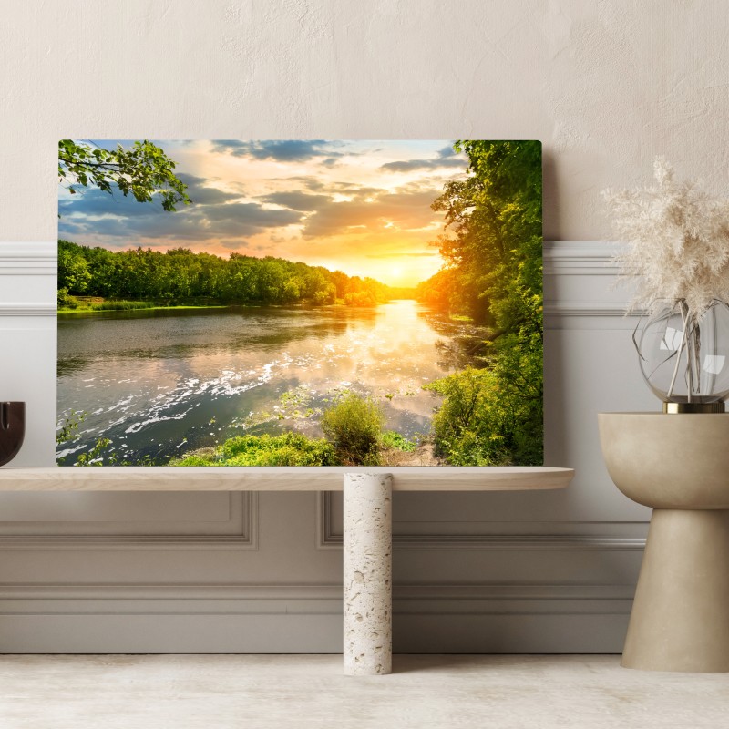 Leinwandbild ruhiger sonnenuntergang am fluss im grünen wald – Wallnifity® Leinwandbild ruhiger sonnenuntergang am fluss im grünen wald – Wallnifity®