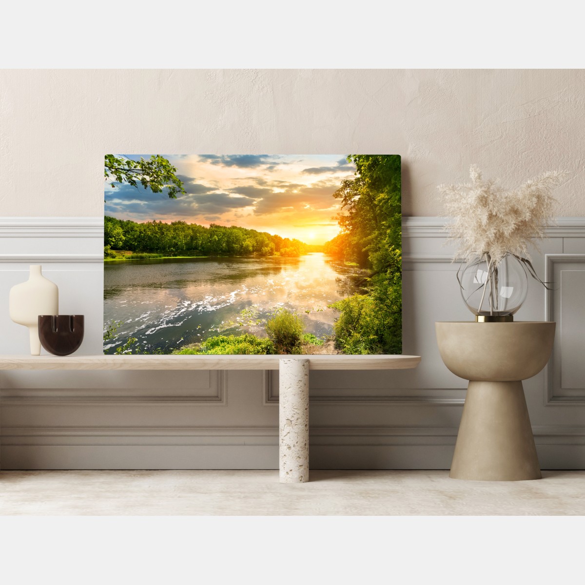 Leinwandbild ruhiger sonnenuntergang am fluss im grünen wald – Wallnifity® Leinwandbild ruhiger sonnenuntergang am fluss im grünen wald – Wallnifity®