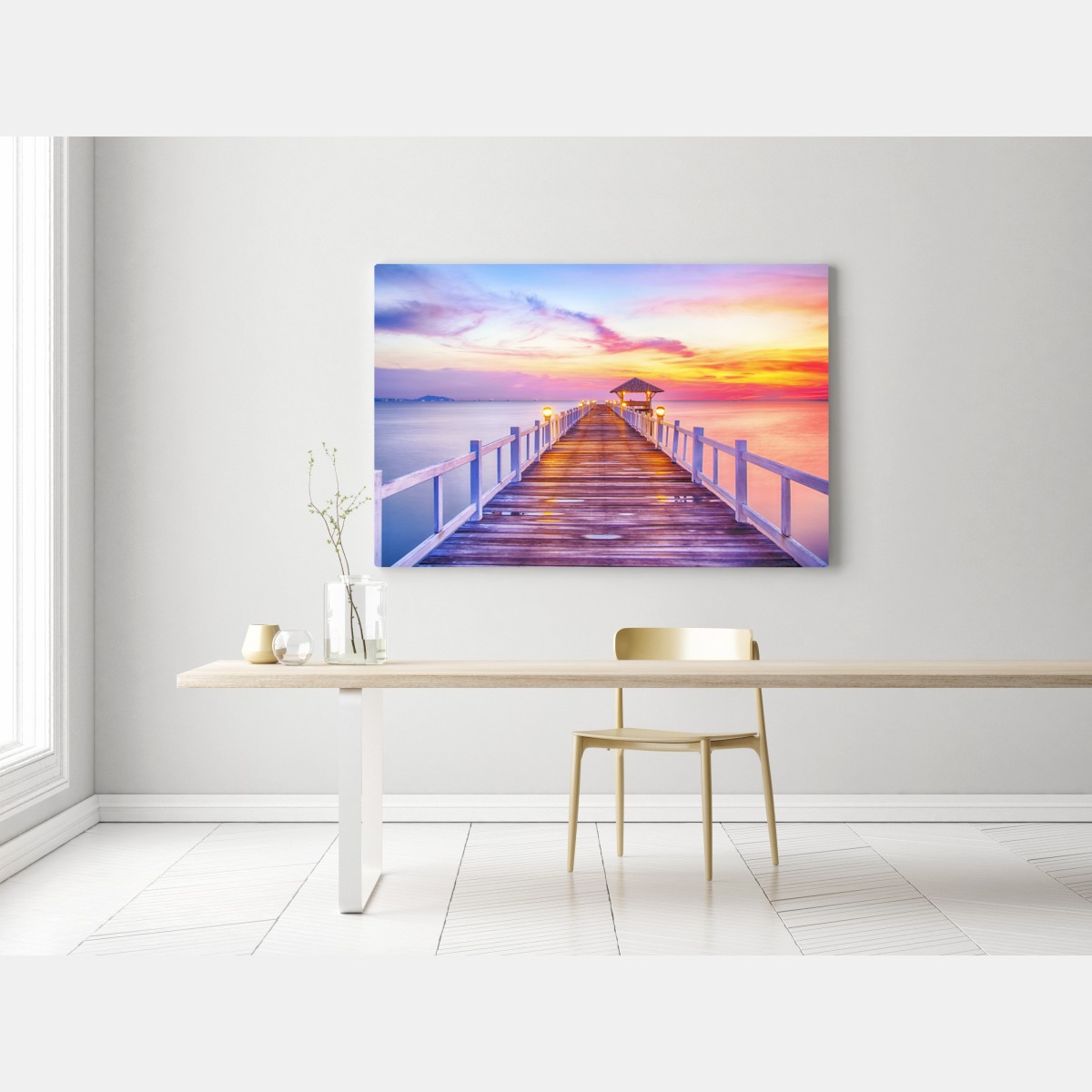 Leinwandbild sonnenuntergang am steg zum ruhigen horizont – Wallnifity® Leinwandbild sonnenuntergang am steg zum ruhigen horizont – Wallnifity®
