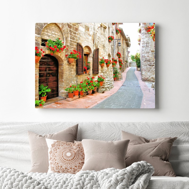 Leinwandbild sonnige steingasse mit roten geranien – Wallnifity® Leinwandbild sonnige steingasse mit roten geranien – Wallnifity®