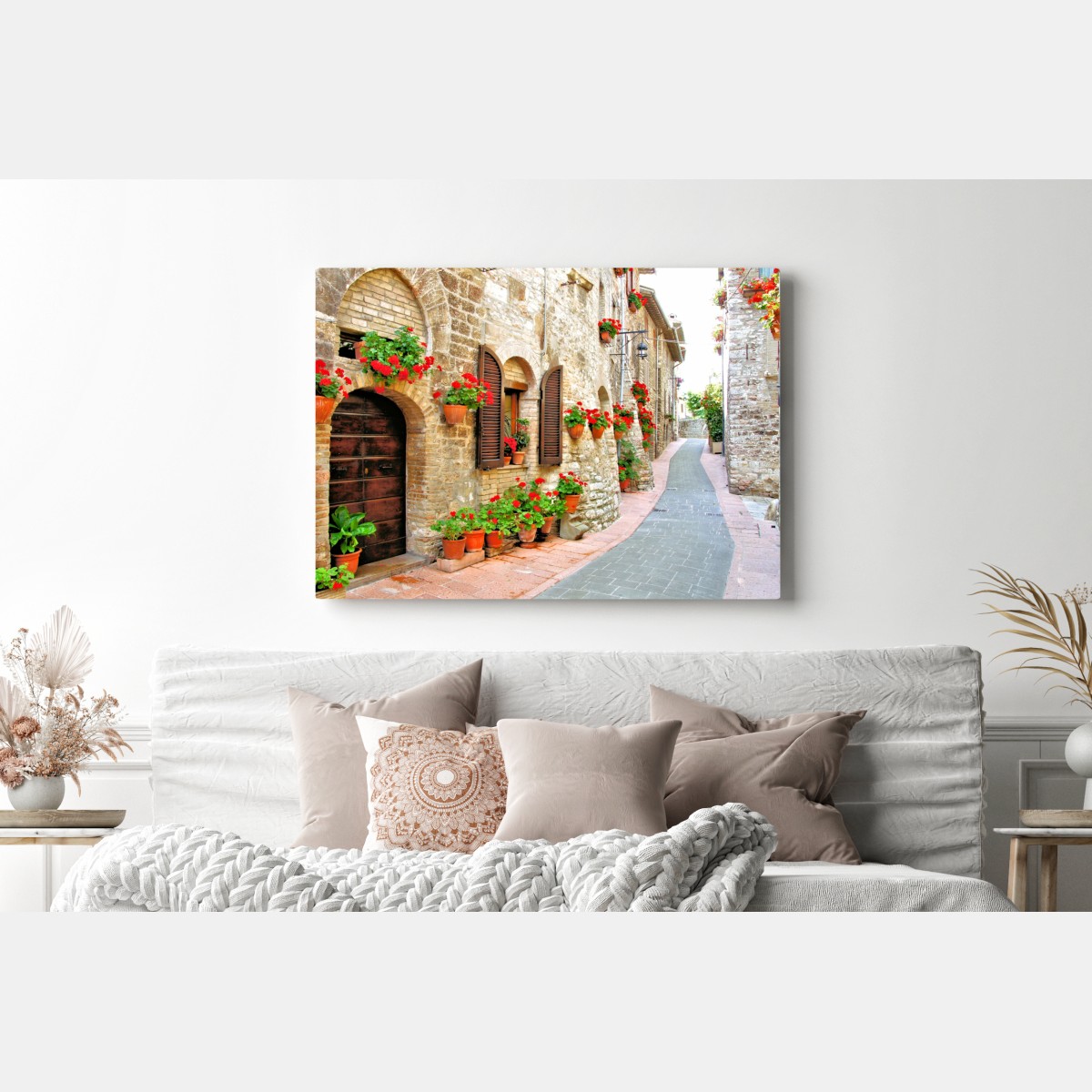 Leinwandbild sonnige steingasse mit roten geranien – Wallnifity® Leinwandbild sonnige steingasse mit roten geranien – Wallnifity®