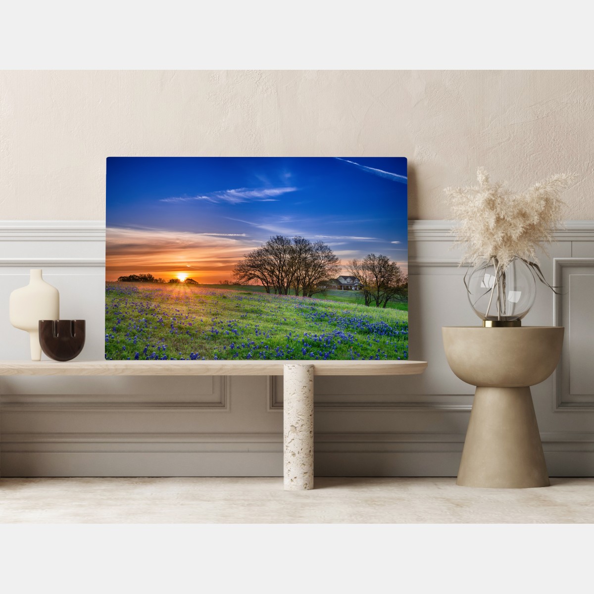 Leinwandbild Texas wiese mit bluebonnets im sonnenaufgang – Wallnifity® Leinwandbild Texas wiese mit bluebonnets im sonnenaufgang – Wallnifity®