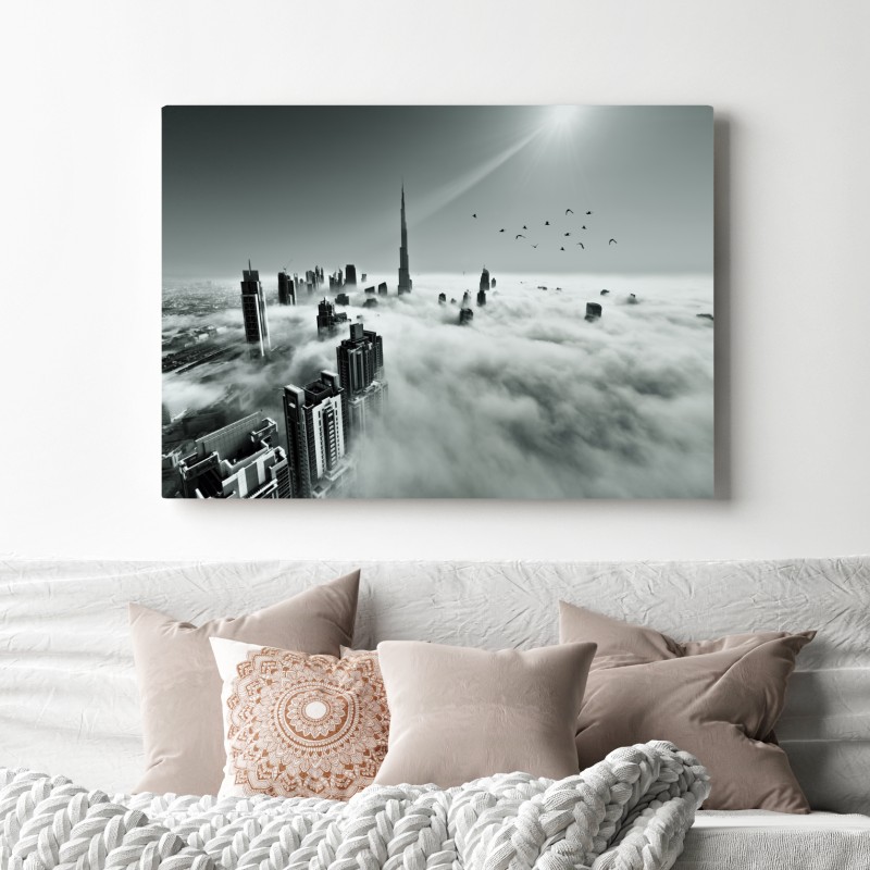 Leinwandbild neblige skyline von Dubai über den wolken – Wallnifity® Leinwandbild neblige skyline von Dubai über den wolken – Wallnifity®