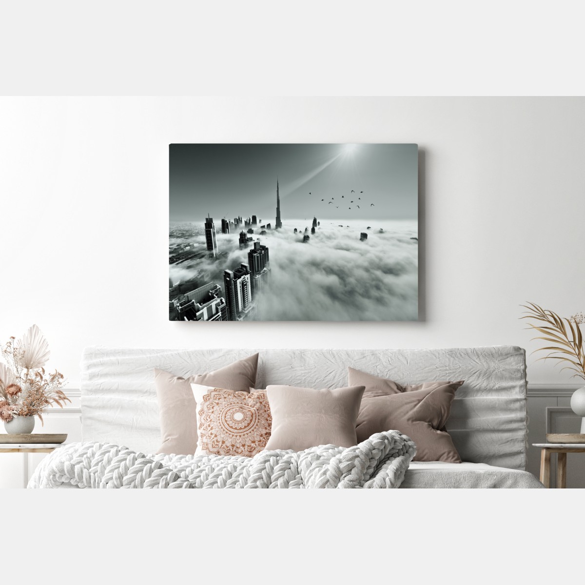 Leinwandbild neblige skyline von Dubai über den wolken – Wallnifity® Leinwandbild neblige skyline von Dubai über den wolken – Wallnifity®