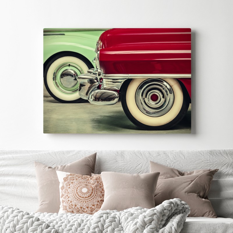 Leinwandbild nahaufnahme klassischer autos in rot und mint – Wallnifity® Leinwandbild nahaufnahme klassischer autos in rot und mint – Wallnifity®