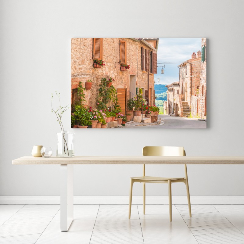 Leinwandbild mittelalterliche straße in der Toskana mit blumentöpfen – Wallnifity® Leinwandbild mittelalterliche straße in der Toskana mit blumentöpfen – Wallnifity®
