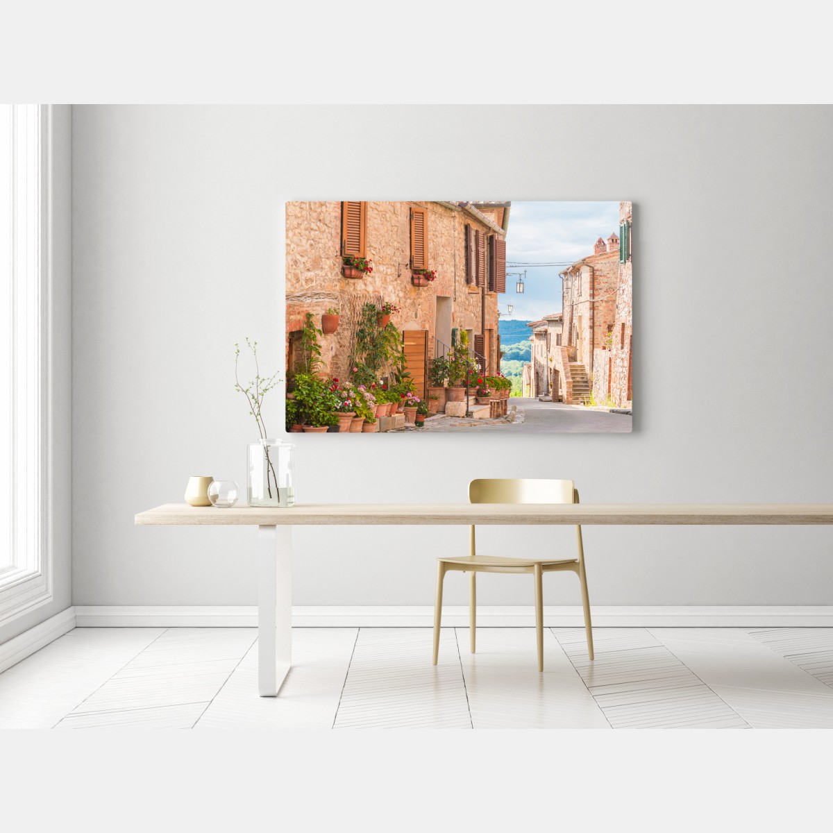 Leinwandbild mittelalterliche straße in der Toskana mit blumentöpfen – Wallnifity® Leinwandbild mittelalterliche straße in der Toskana mit blumentöpfen – Wallnifity®