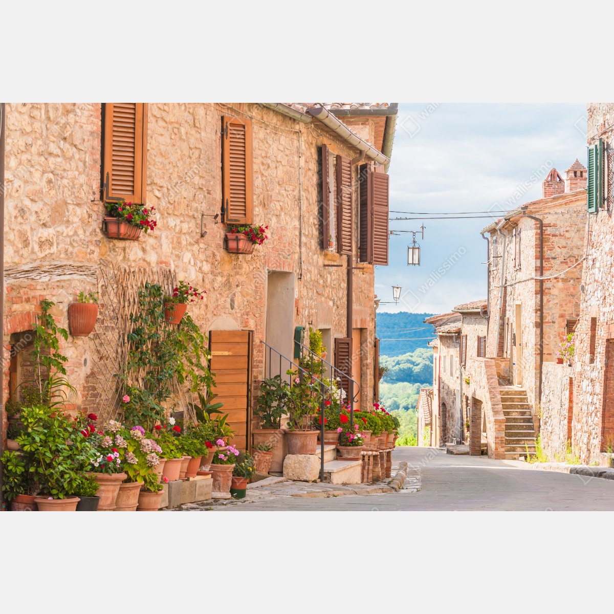 Leinwandbild mittelalterliche straße in der Toskana mit blumentöpfen – Wallnifity® Leinwandbild mittelalterliche straße in der Toskana mit blumentöpfen – Wallnifity®