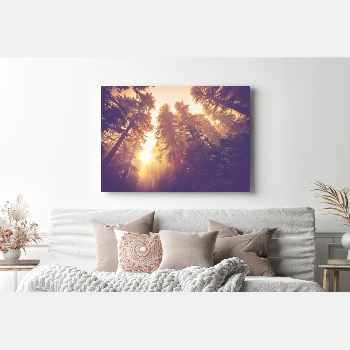 Leinwandbild nebeliger mamutbaumwald im goldenen vintagelicht – Wallnifity® Leinwandbild nebeliger mamutbaumwald im goldenen vintagelicht – Wallnifity®