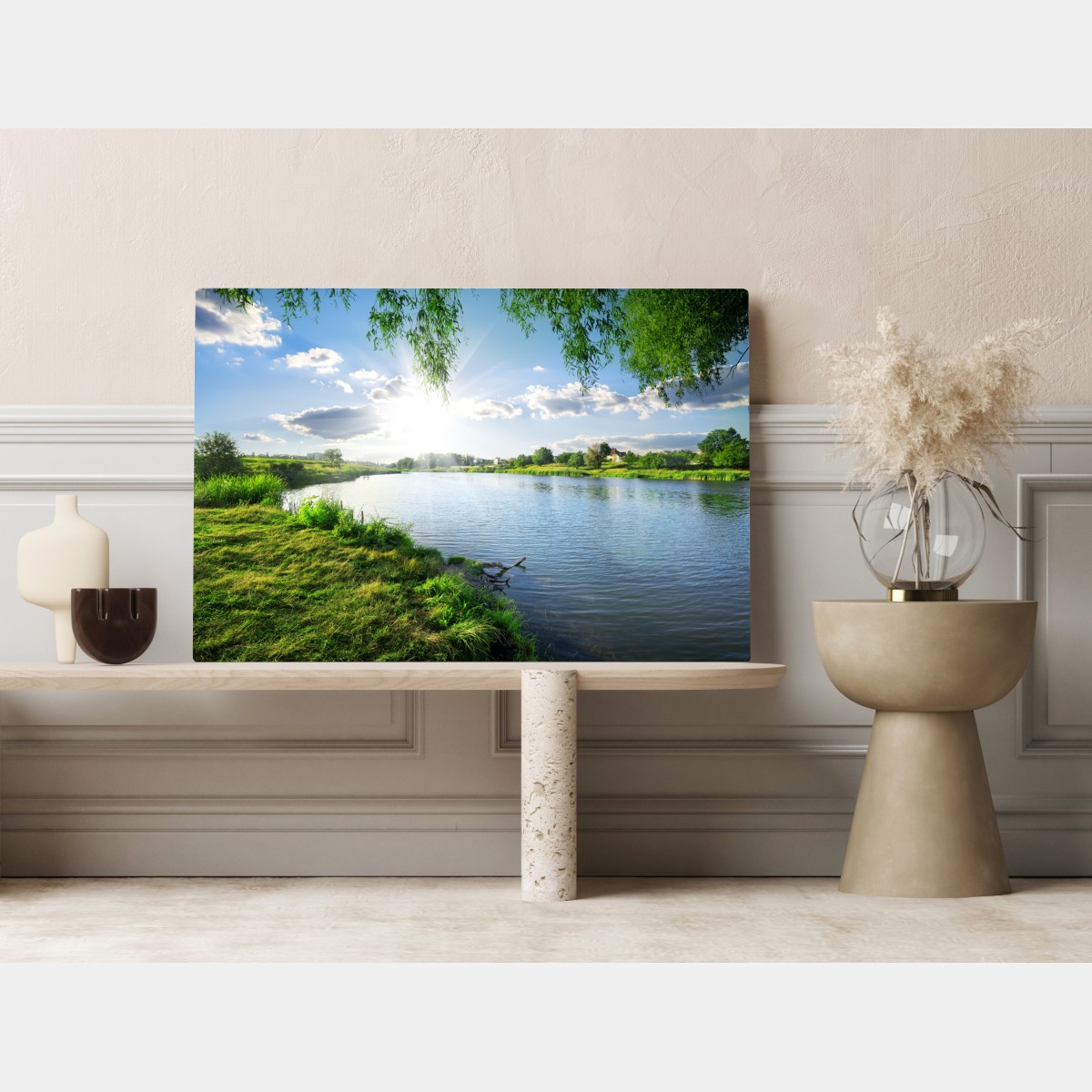 Leinwandbild sonnenbeschienenes flussufer mit üppigem grün – Wallnifity® Leinwandbild sonnenbeschienenes flussufer mit üppigem grün – Wallnifity®