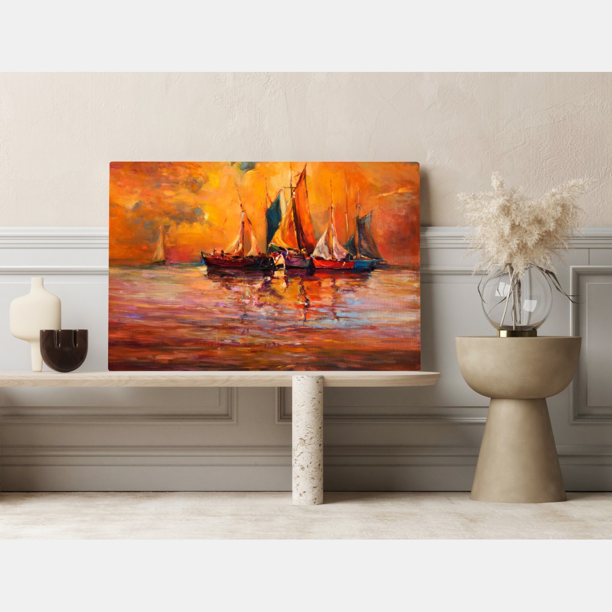 Leinwandbild goldener sonnenuntergang mit segelbooten – Wallnifity® Leinwandbild goldener sonnenuntergang mit segelbooten – Wallnifity®