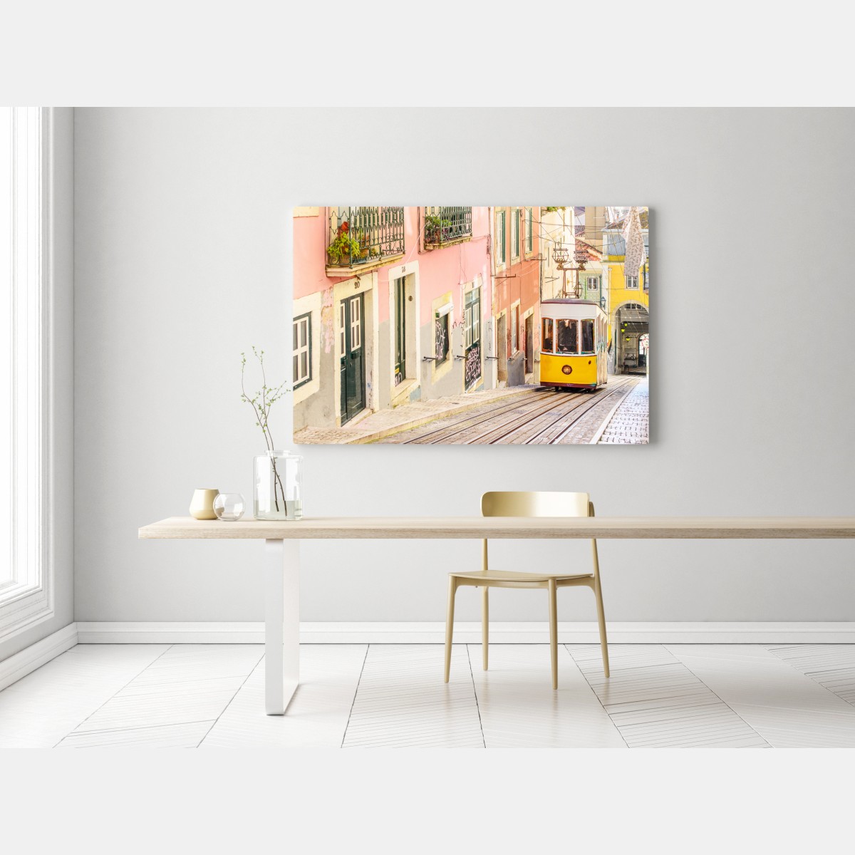 Leinwandbild sonnige Lissabon straßenbahn in pastellfarben – Wallnifity® Leinwandbild sonnige Lissabon straßenbahn in pastellfarben – Wallnifity®