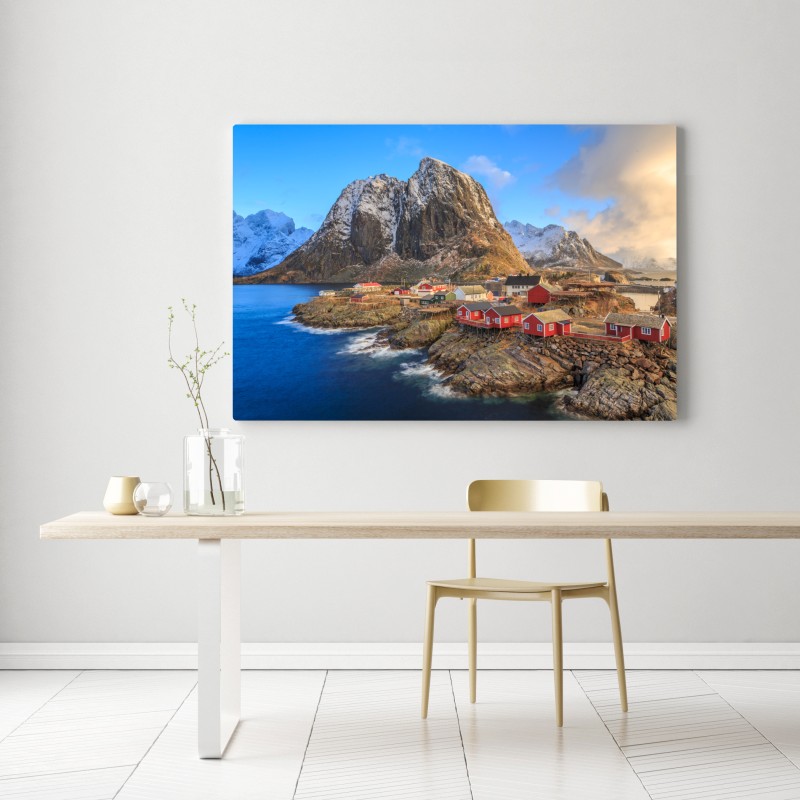 Leinwandbild küstendorf in Norwegen mit roten fischerhütten – Wallnifity® Leinwandbild küstendorf in Norwegen mit roten fischerhütten – Wallnifity®