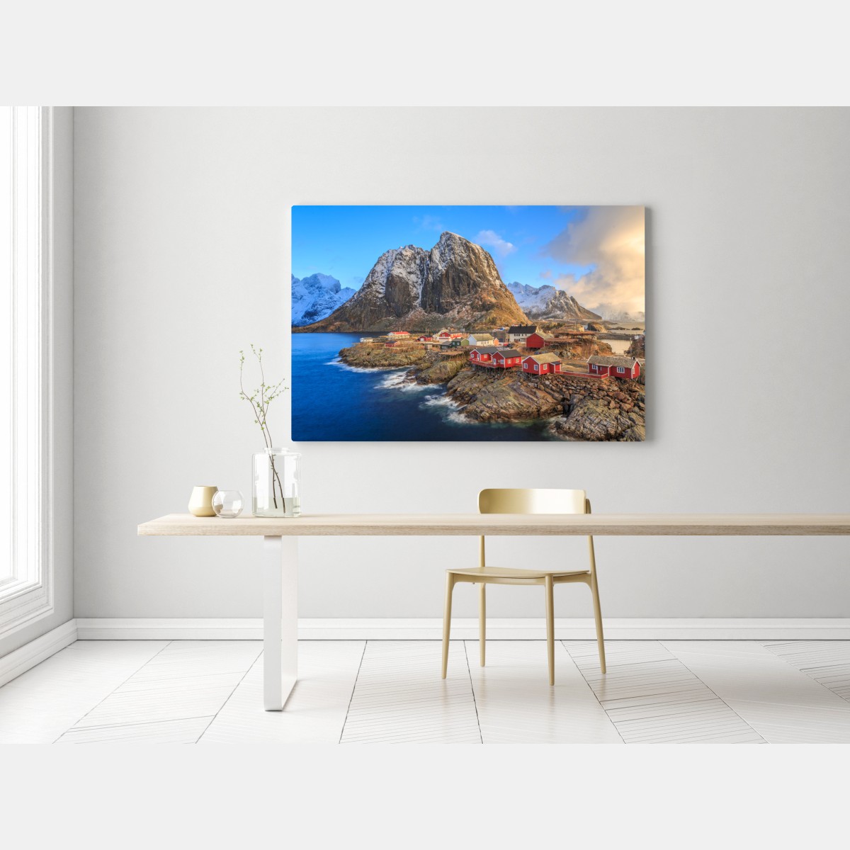 Leinwandbild küstendorf in Norwegen mit roten fischerhütten – Wallnifity® Leinwandbild küstendorf in Norwegen mit roten fischerhütten – Wallnifity®