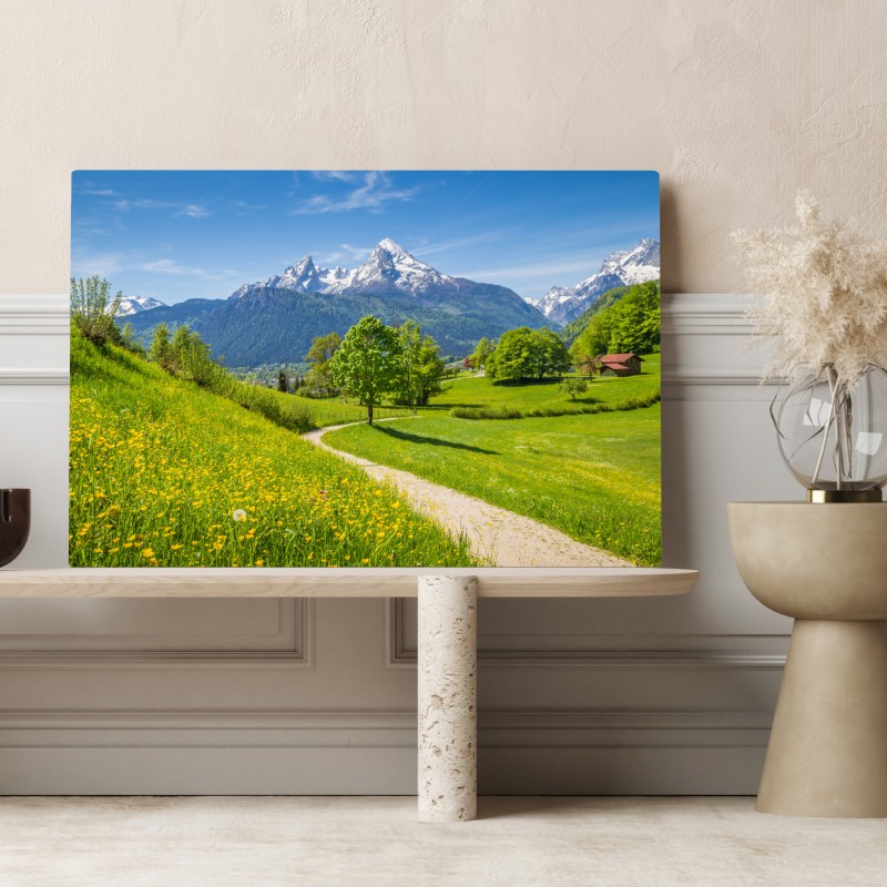 Leinwandbild alpine frühlingswiese mit schneebedeckten gipfeln – Wallnifity® Leinwandbild alpine frühlingswiese mit schneebedeckten gipfeln – Wallnifity®