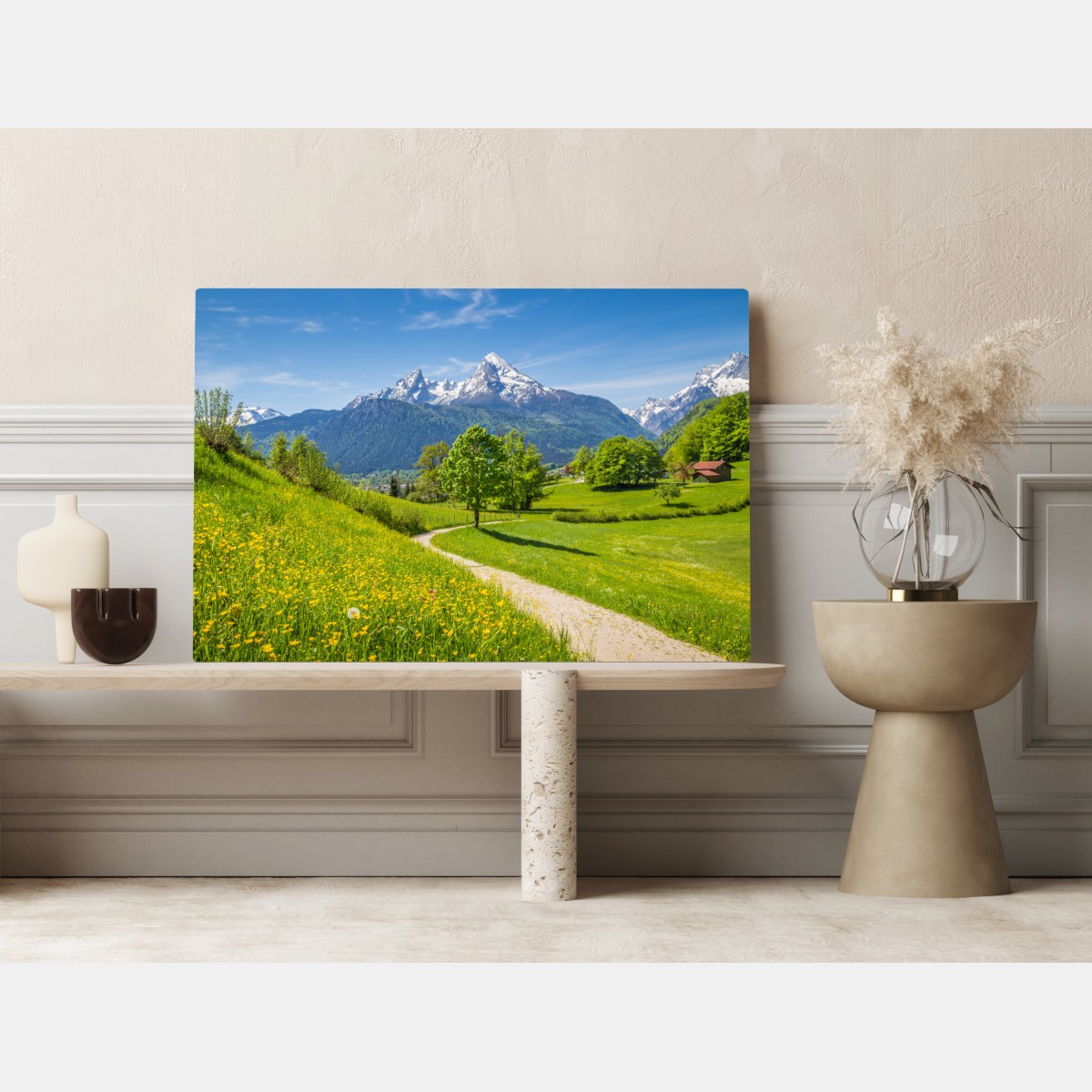 Leinwandbild alpine frühlingswiese mit schneebedeckten gipfeln – Wallnifity® Leinwandbild alpine frühlingswiese mit schneebedeckten gipfeln – Wallnifity®