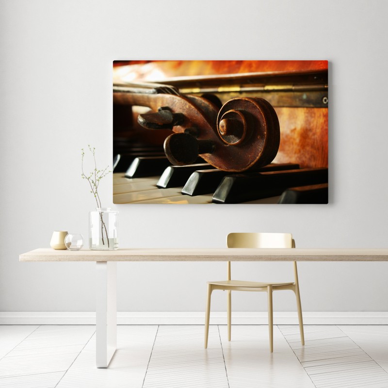 Leinwandbild vintage geigenkopf auf klaviertasten – Wallnifity® Leinwandbild vintage geigenkopf auf klaviertasten – Wallnifity®