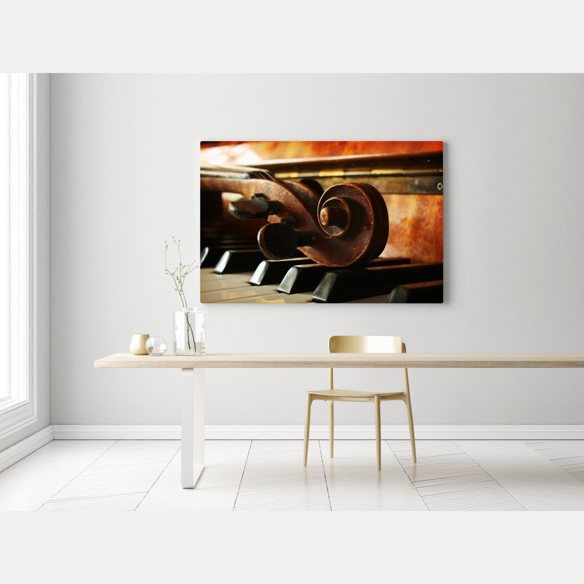 Leinwandbild vintage geigenkopf auf klaviertasten – Wallnifity® Leinwandbild vintage geigenkopf auf klaviertasten – Wallnifity®