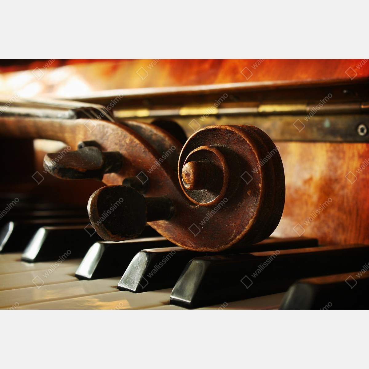 Leinwandbild vintage geigenkopf auf klaviertasten – Wallnifity® Leinwandbild vintage geigenkopf auf klaviertasten – Wallnifity®
