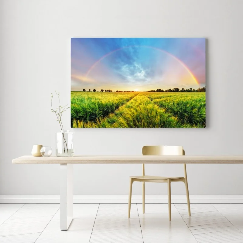 Leinwandbild regenbogen über goldenem weizenfeld bei sonnenuntergang – Wallnifity® Leinwandbild regenbogen über goldenem weizenfeld bei sonnenuntergang – Wallnifity®