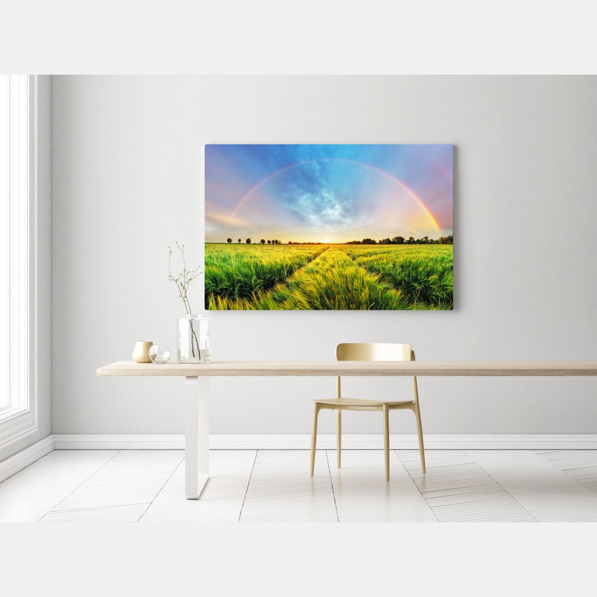Leinwandbild regenbogen über goldenem weizenfeld bei sonnenuntergang – Wallnifity® Leinwandbild regenbogen über goldenem weizenfeld bei sonnenuntergang – Wallnifity®