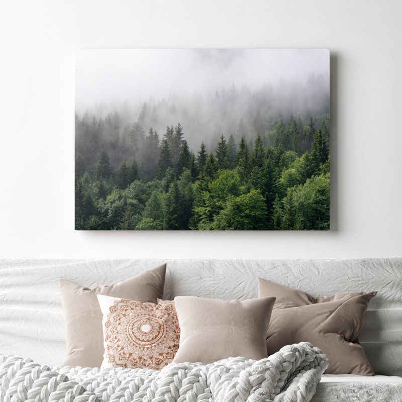 Leinwandbild nebliger immergrüner wald panorama – Wallnifity®
